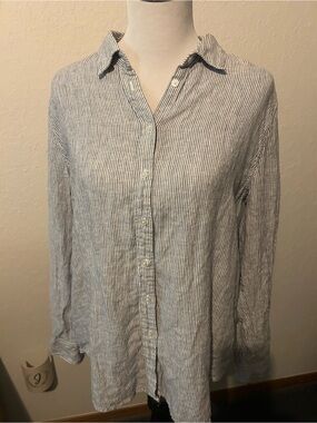 QUINCE 100% European Linen Long Sleeve Shirt Blue Pinstripe